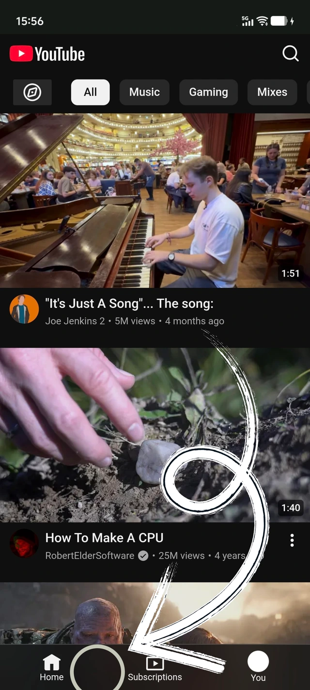 YouTube screen with a white hand-drawn arrow curving down to the circled bottom navigation button